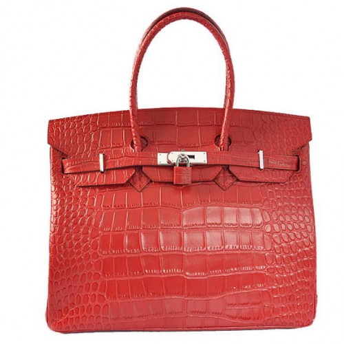 Hermes Birkin 35CM Tragetaschen Krokodil Togo Leder Rot Silber