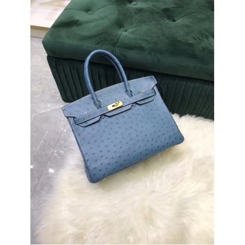Hermes Birkin Bag Original Leder Straußenhaut HBK2530 Blau
