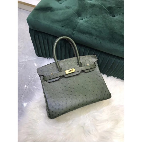 Hermes Birkin Bag Original Leder Straußenhaut HBK2530 schwärzlich grün