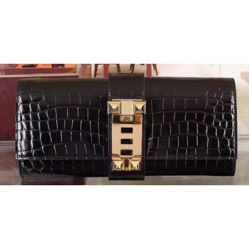 Hermes Croco Lederclutch H88017 Schwarz