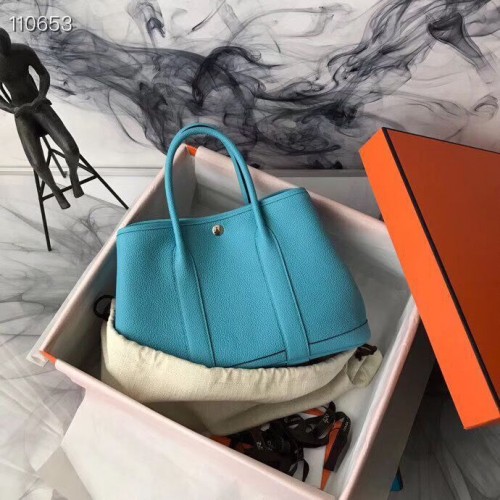 Hermes Garden Party 36cm Tragetasche 30cm Original Leder Hellblau
