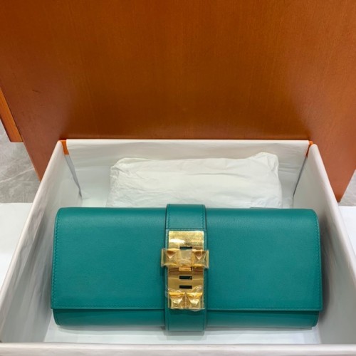 Hermes H Medor Swift Leather Clutch 37566 Lake Green & Gold Hardware