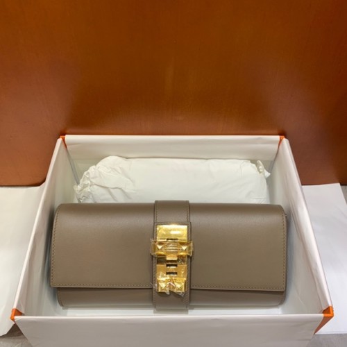 Hermes H Medor Swift Leather Clutch 37566 Grau & Gold-Hardware