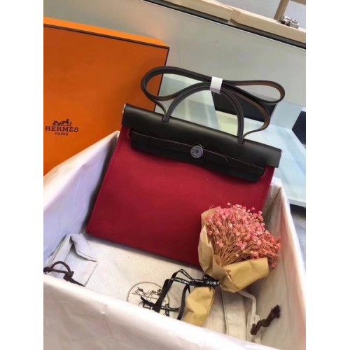 Hermes Herbag 31CM Original Canvas Leder Kalbsleder 45987 Schwarz & Rot