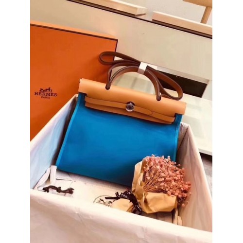 Hermes Herbag 31CM Original Canvas Leder Kalbsleder 45987 Blau&Apricot