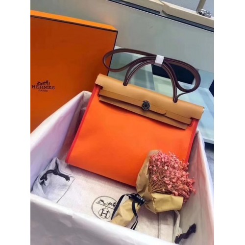 Hermes Herbag 31CM Original Canvas Leder Kalbsleder 45987 Orange&Braun