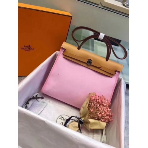 Hermes Herbag 31CM Original Canvas Leder Kalbsleder 45987 Pink&Apricot
