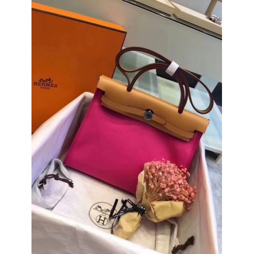 Hermes Herbag 31CM Original Canvas Leder Kalbsleder 45987 Rosa&Braun