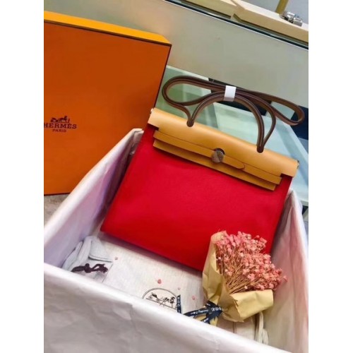 Hermes Herbag 31CM Original Canvas Leder Kalbsleder 45987 Rot&Apricot