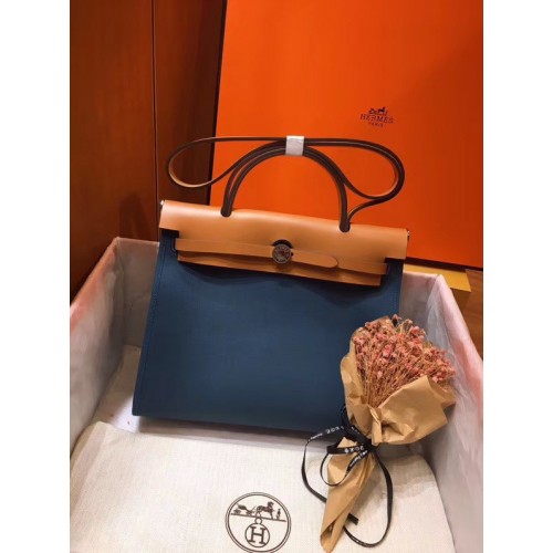 Hermes Herbag 31CM Original Canvas Leder Kalbsleder 45987 Blau&Apricot