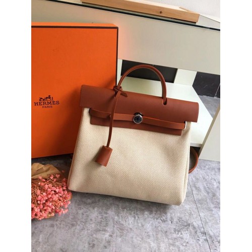 Hermes Herbag 31CM Original Canvas Leder Kalbsleder 45987 braun&weiß