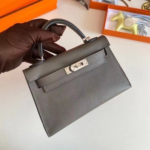 Hermes Kelly 19cm Umhängetaschen Epsom Leder KL19 Silber Hardware grau