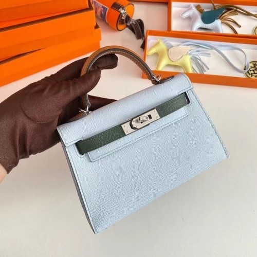 Hermes Kelly 19cm Umhängetaschen Epsom Leather KL19 Silberne Hardware hellblau&grün