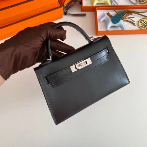 Hermes Kelly 19cm Umhängetasche Box Leder KL19 Silber Hardware schwarz