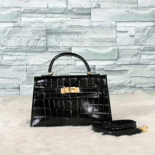 Hermes Kelly 19cm Tragetasche Krokodilleder KL19 Schwarz