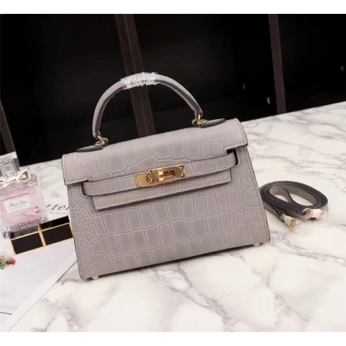 Hermes Kelly 19cm Tragetasche Krokoleder KL19 hellgrau