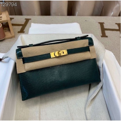 Hermes Kelly 22CM Einkaufstasche Original Eidechsenleder KL22 Dunkelgrün