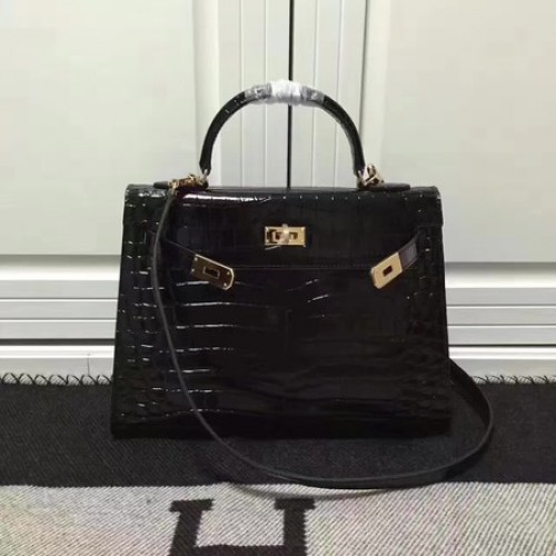 Hermes Kelly 28cm Umhängetasche Krokoleder K28 Schwarz