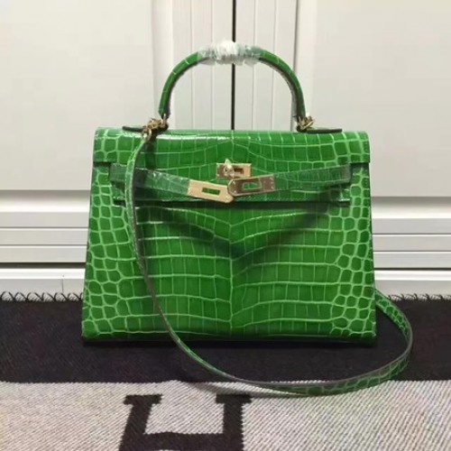 Hermes Kelly 28cm Umhängetasche Krokoleder K28 Grün