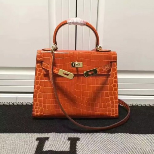 Hermes Kelly 28cm Umhängetasche Krokoleder K28 Orange