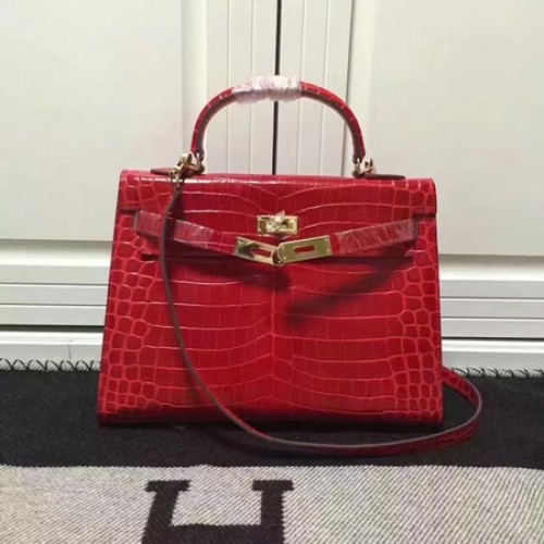 Hermes Kelly 28cm Umhängetasche Krokoleder K28 Rot