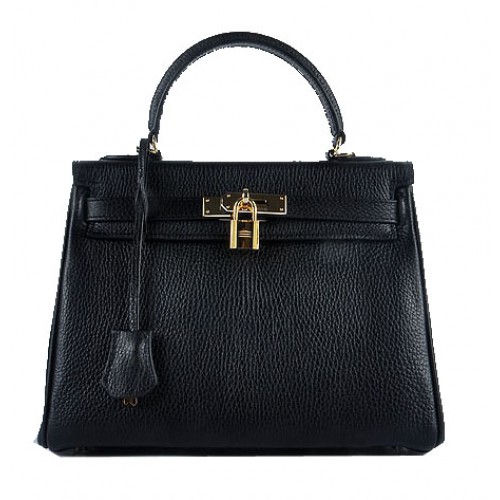 Hermes Kelly 28cm Umhängetaschen Schwarzes genarbtes Leder Gold