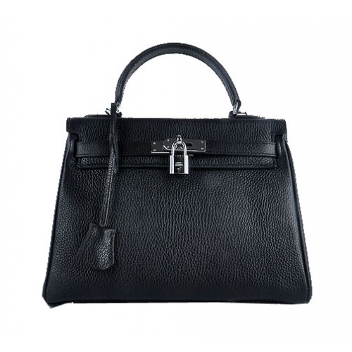 Hermes Kelly 28cm Umhängetaschen Schwarz genarbtes Leder Silber