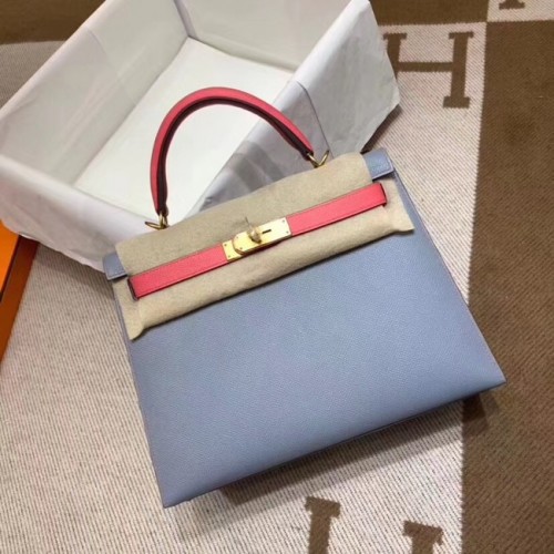 Hermes Kelly 28cm Schultertasche Epsom Leder KL28 blau&Rosa