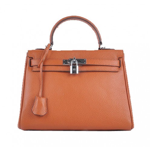 Hermes Kelly 28cm Umhängetaschen Orange genarbtes Leder Silber