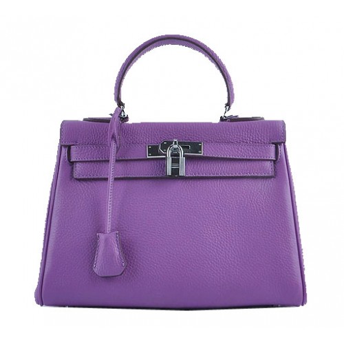 Hermes Kelly 28cm Umhängetaschen Lila genarbtes Leder Silber