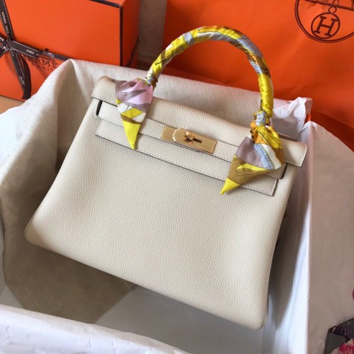 Hermes Kelly 28cm Umhängetasche Togo Leder KL28 Cremeweiß