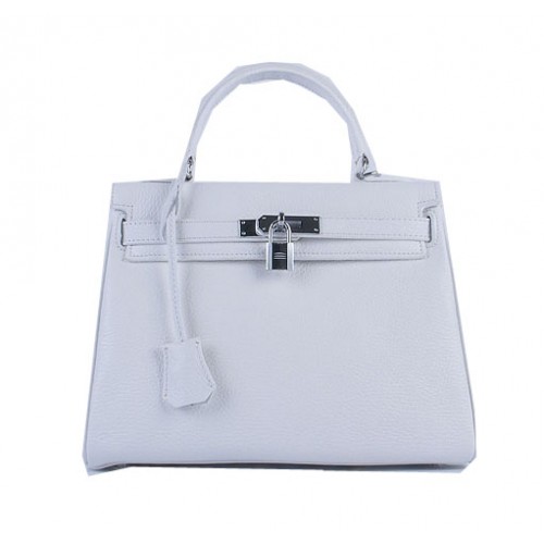 Hermes Kelly 28cm Umhängetaschen Weiß genarbtes Leder Silber