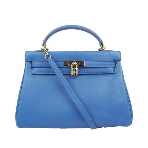 Hermes Kelly 32cm Taschen Togo Leder 6108 Blau Golden