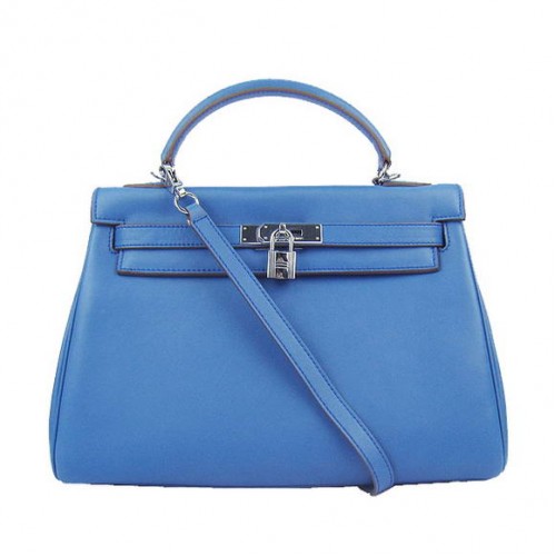 Hermes Kelly 32cm Taschen Togo Leder 6108 Blau Silber