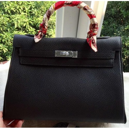 Hermes Kelly 32cm Umhängetasche Schwarz Kalbsleder K32CL Silber