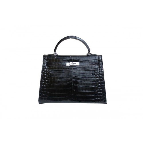 Hermes Kelly 32cm Umhängetasche Schwarz Kroko Lackleder K32 Silber