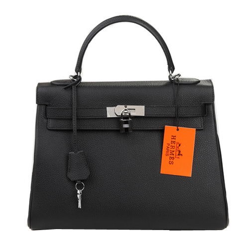 Hermes Kelly 32cm Umhängetasche Schwarz Original Leder K32 Silber