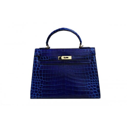 Hermes Kelly 32cm Umhängetasche Blau Kroko Lackleder K32 Silber