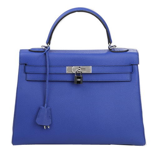 Hermes Kelly 32cm Umhängetasche Blau Original Leder K32 Silber