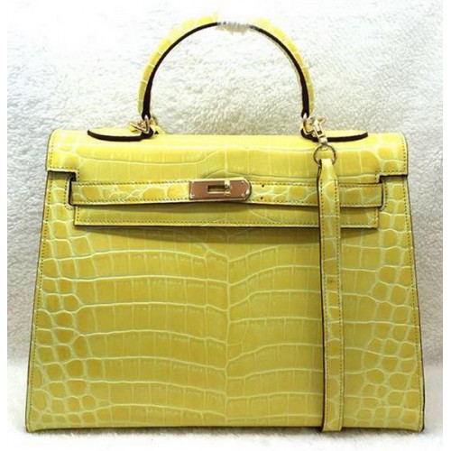 Hermes Kelly 32cm Umhängetasche Krokoleder K32 Gelb