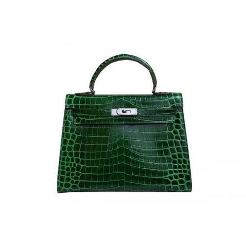 Hermes Kelly 32cm Umhängetasche Grün Kroko Lackleder K32 Silber