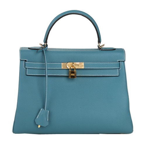 Hermes Kelly 32cm Umhängetasche Hellblau Original Leder K32 Gold