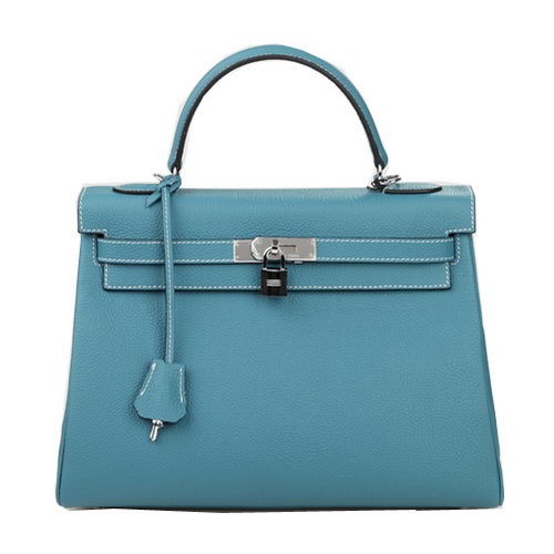 Hermes Kelly 32cm Umhängetasche Hellblau Original Leder K32 Silber