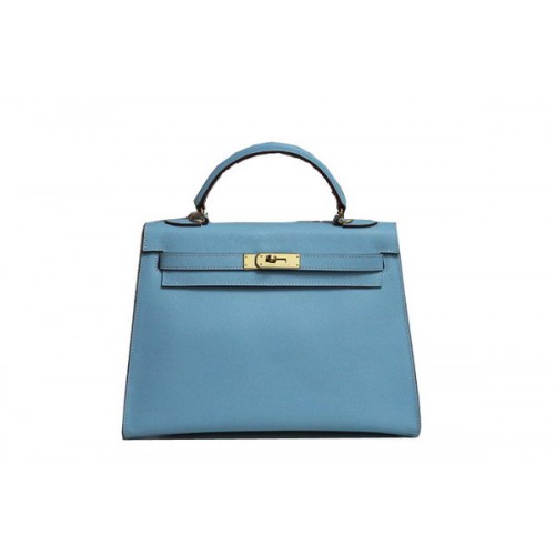 Hermes Kelly 32cm Umhängetasche Hellblaues Saffiano Leder K32 Gold