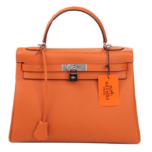 Hermes Kelly 32cm Umhängetasche Orange Original Leder K32 Silber