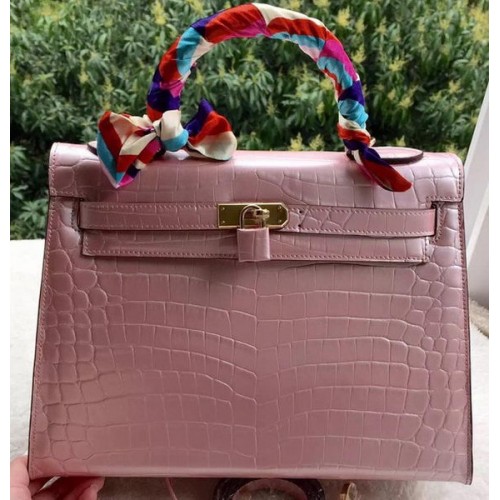 Hermes Kelly 32cm Umhängetasche Rosa Krokoleder K32CL Gold