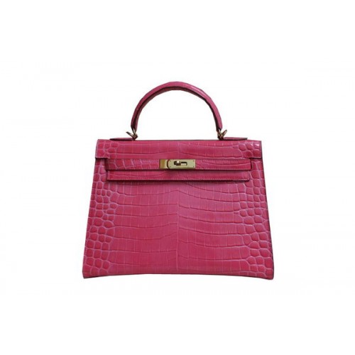 Hermes Kelly 32cm Umhängetasche Rosa Kroko Lackleder K32 Gold