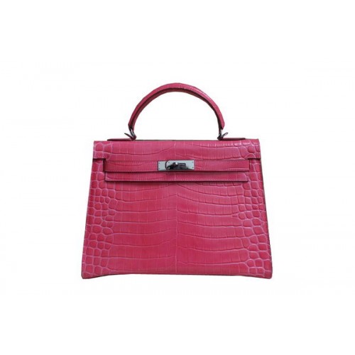 Hermes Kelly 32cm Umhängetasche Rosa Kroko Lackleder K32 Silber