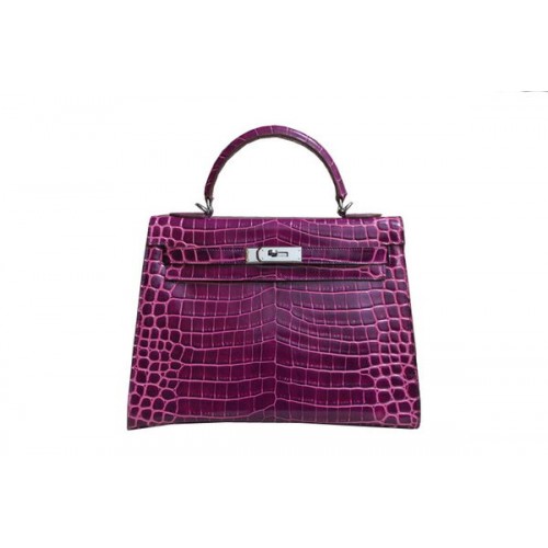 Hermes Kelly 32cm Umhängetasche Lila Kroko Lackleder K32 Silber