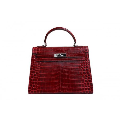 Hermes Kelly 32cm Umhängetasche Rot Kroko Lackleder K32 Silber
